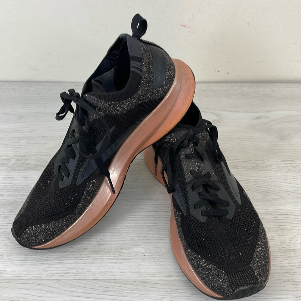 Women’s Black Knit Running Sneakers with Rose Gold Midsole